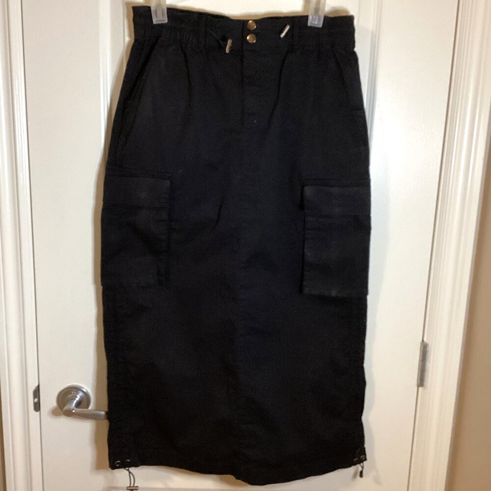 Women's Black Maxi Cargo Skirt Utility Pockets Back Slit Casual Goth Witchy